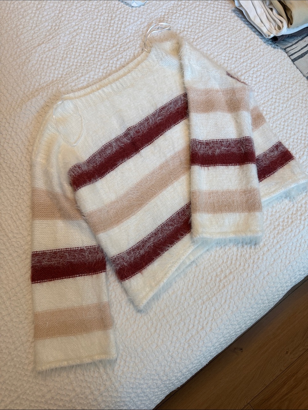 Gentle Fawn Striped Fuzzy Crewneck Sweater in Cream, Blush & Burgundy